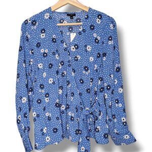 NWT Talbots Top Womens PM Petite Medium Wrap Blouse with Side Tie Blue Dots